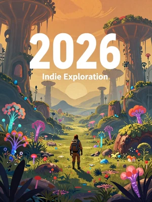 Mosslight Signal - indie exploration game cover with lush bioluminescent alien planet and lone explorer