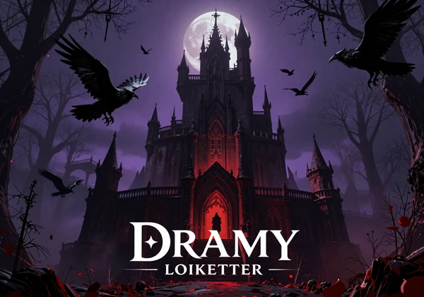 Dark Fantasy Route - gothic castle under blood moon with armored knight and ravens in a deep crimson atmosphere