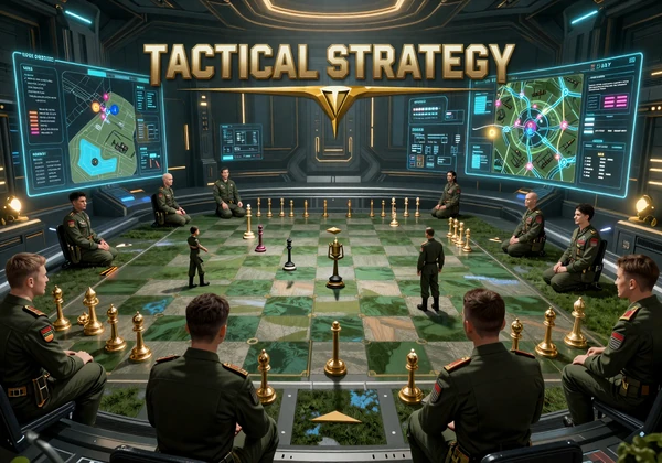 Tactical Thinking Route collection - war room with commanders studying a holographic battlefield map