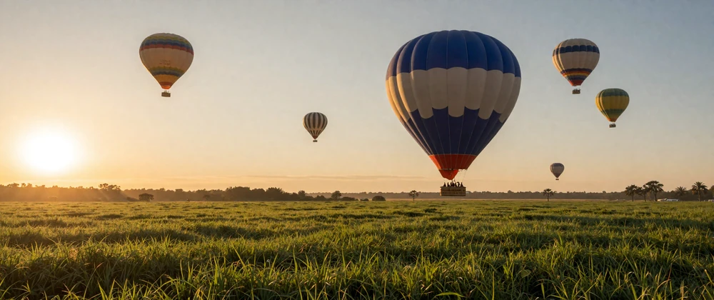 Quiet Exploration Route collection - peaceful countryside sunrise with hot air balloons in soft pastel golden tones
