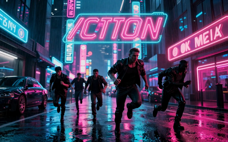 Neon Rush Route collection - cinematic cover of dark rain-soaked cyberpunk city streets with neon signs and action heroes
