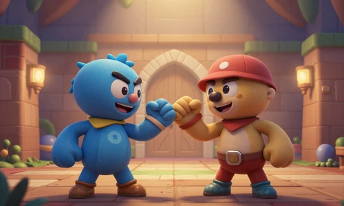 New Note: Co-op Weekend Route collection update - two characters celebrating victory in a colorful dungeon
