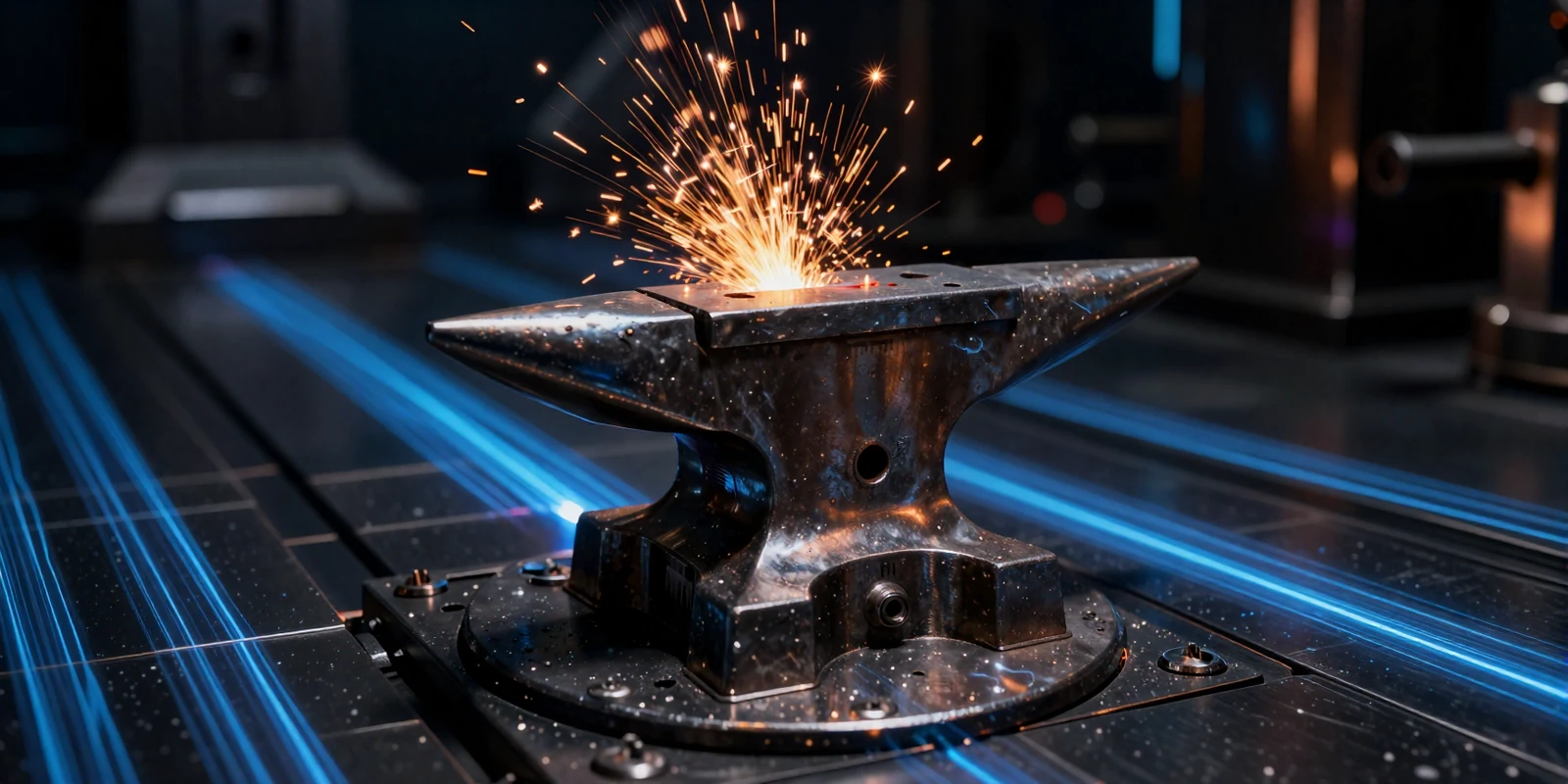 LanternGrid Games platform visual - abstract digital forge with glowing energy streams and metallic sparks