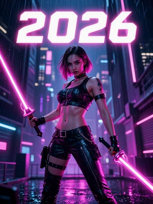 Neon Breach - cyberpunk action game cover with female protagonist wielding dual blades in a neon rain-soaked city